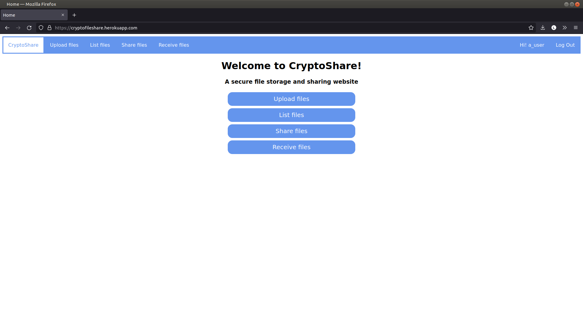 Image of CryptoShare website when logged in.